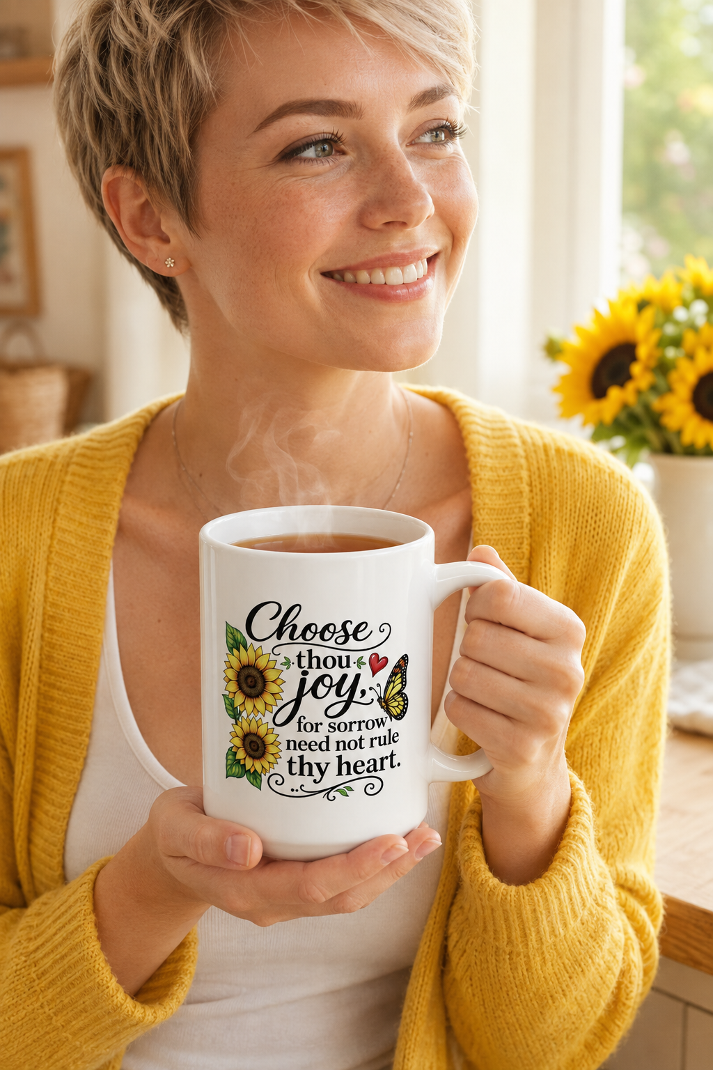 Sunflower & Butterfly Ceramic Mug — Inspirational Quote Coffee Cup (15oz)