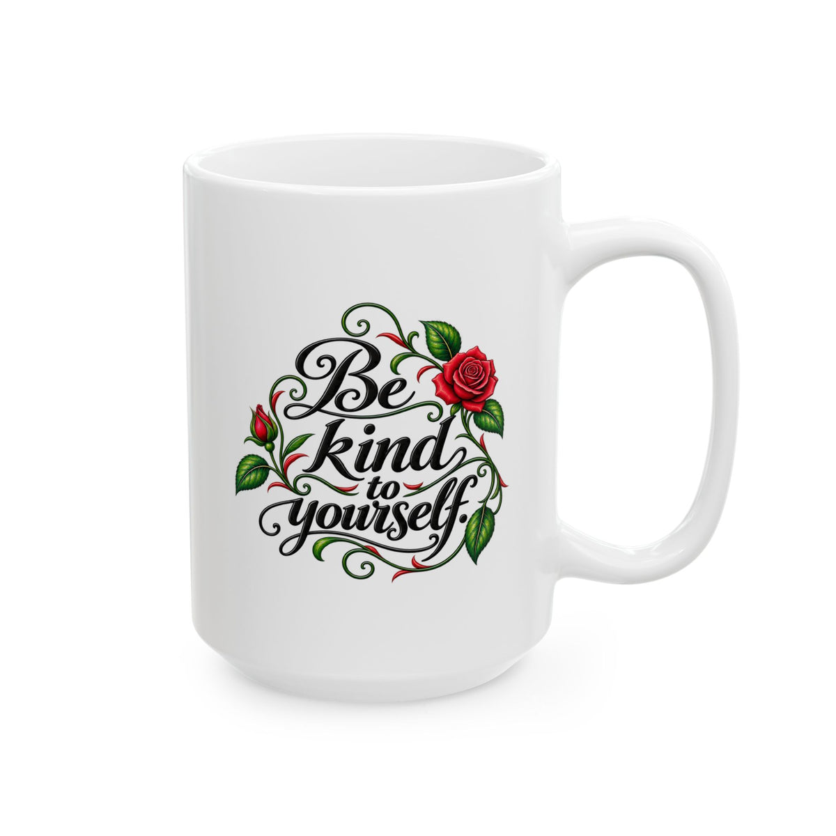 Rose Tattoo Ceramic Mug (11oz & 15oz) — Floral Script Design