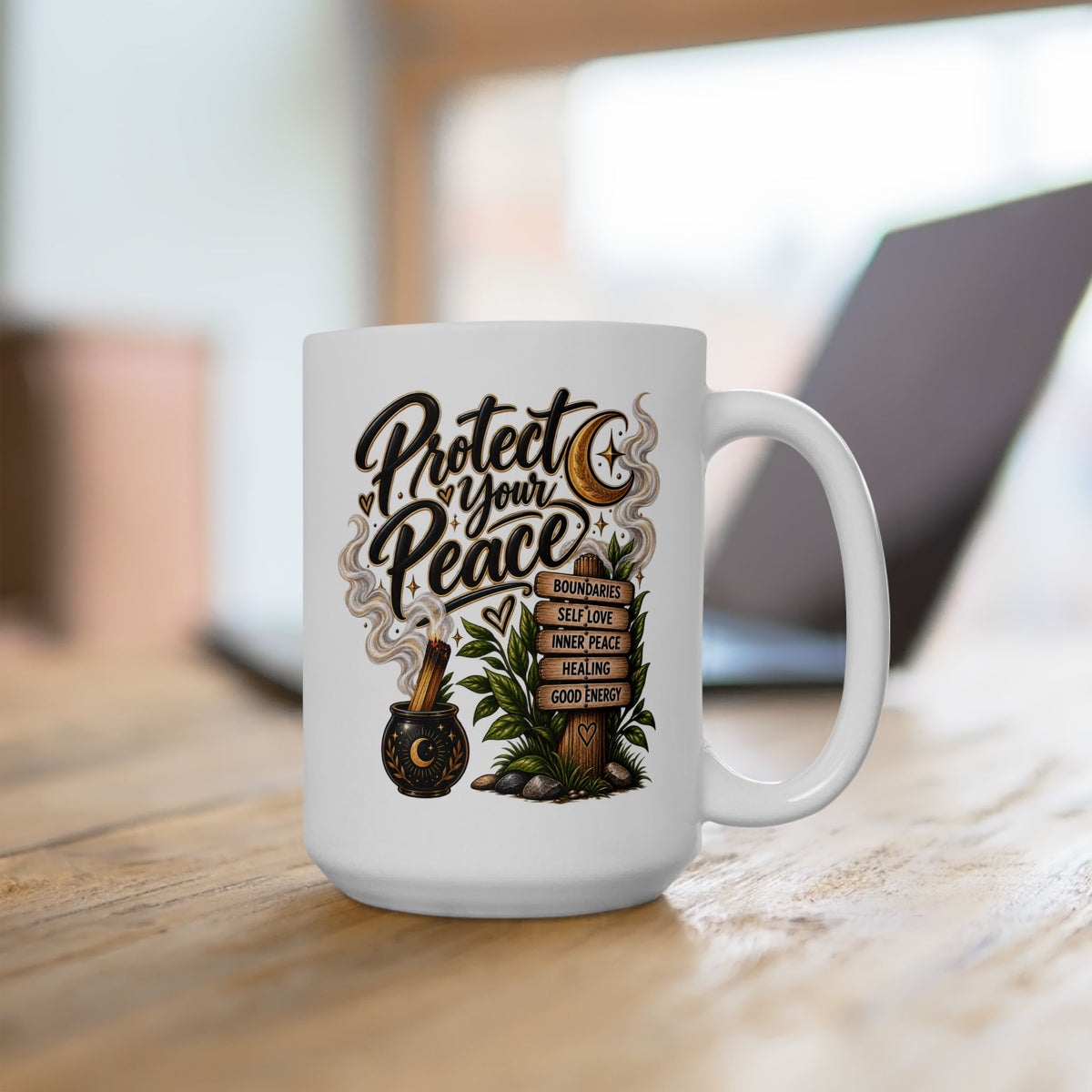 Protect Your Peace Ceramic Mug — Inspirational Self-Care Coffee Cup (15oz)