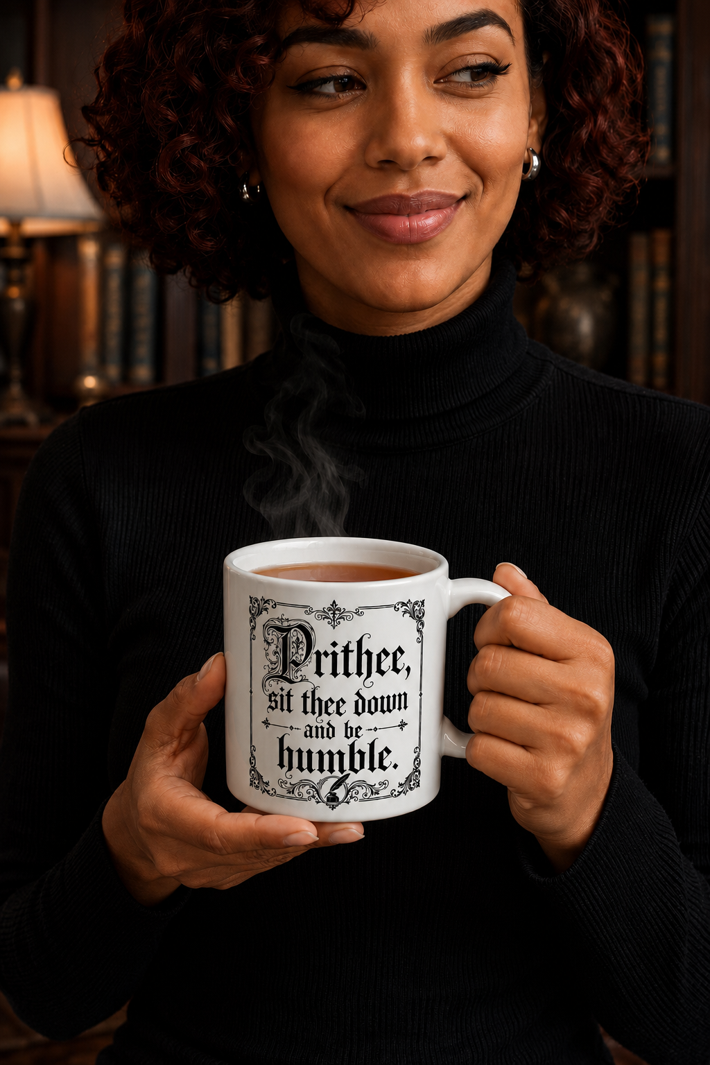 Vintage B!tch Sit Down Quote Ceramic Mug — Ornate Black Lettering Coffee Cup (11oz, 15oz)