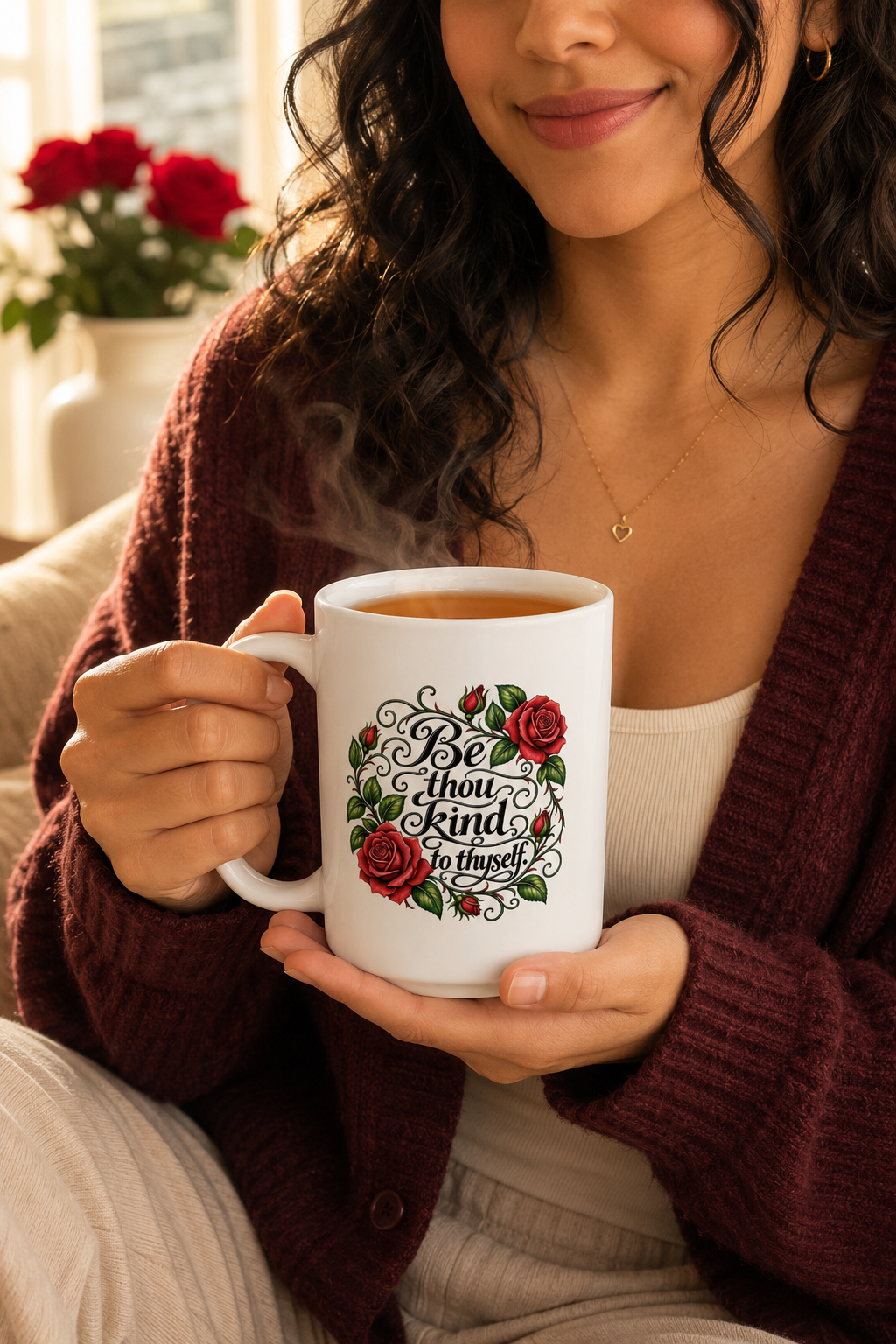 Rose Tattoo Ceramic Mug (11oz & 15oz) — Floral Script Design