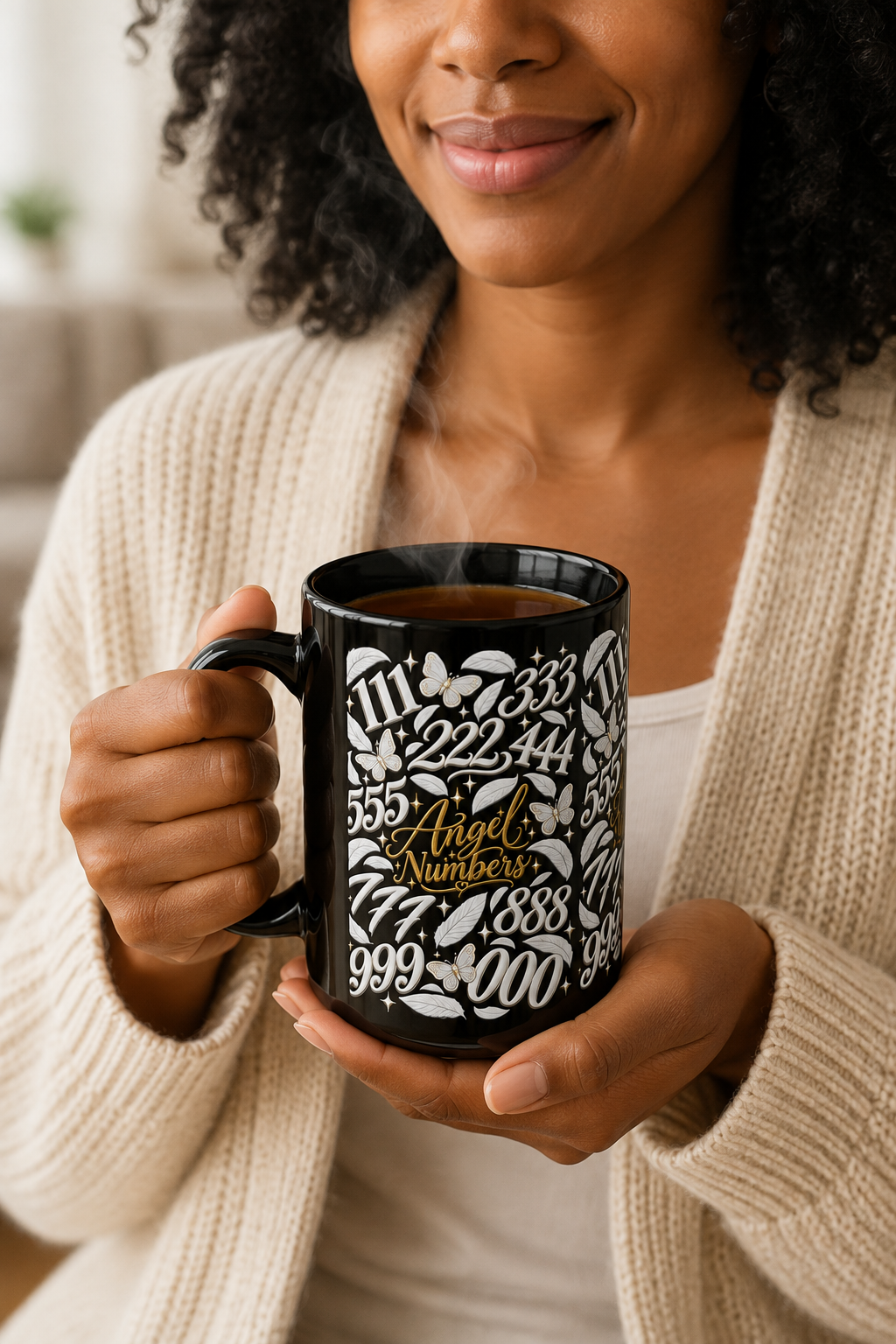 Angel Numbers Coffee Mug — Spiritual Numerology Black Ceramic Mug (15oz)
